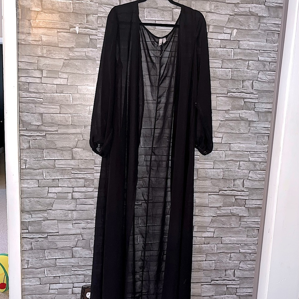ASOS DESIGN recycled long sleeve chiffon maxi beach kimono in black